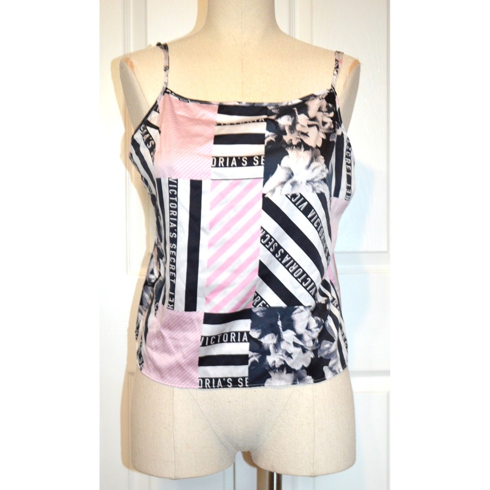 Victoria's Secret Black White & Pink Satin Camisole Cami Women's‎ L  Logo Print